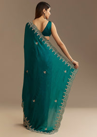 Teal Green Satin Saree With Zardosi Moti Embroidery And Scallop Border