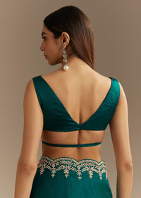 Teal Green Satin Saree With Zardosi Moti Embroidery And Scallop Border