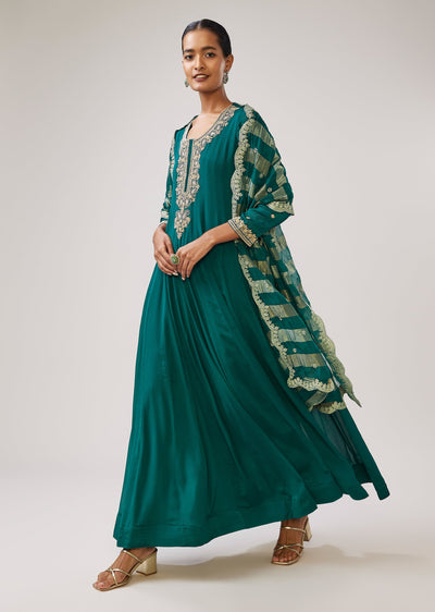 Teal Green Zardozi Chinon Anarkali Suit With Dupatta