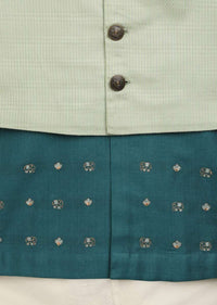 Kalki Boys Teal Kurta Set With Elephant Motifs And Green Nehru Jacket With Kantha Work By Tiber Taber