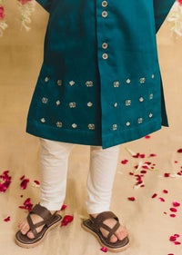 Kalki Boys Teal Kurta Set With Elephant Motifs And Green Nehru Jacket With Kantha Work By Tiber Taber