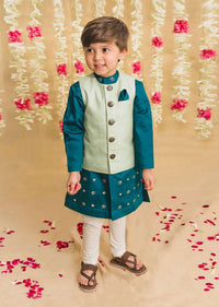 Kalki Boys Teal Kurta Set With Elephant Motifs And Green Nehru Jacket With Kantha Work By Tiber Taber