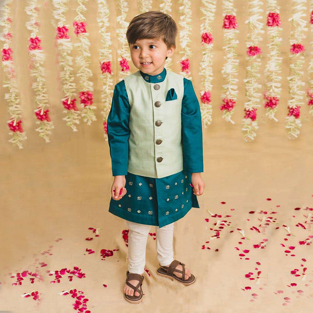 Kalki Boys Teal Kurta Set With Elephant Motifs And Green Nehru Jacket With Kantha Work By Tiber Taber