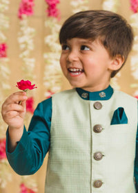 Kalki Boys Teal Kurta Set With Elephant Motifs And Green Nehru Jacket With Kantha Work By Tiber Taber