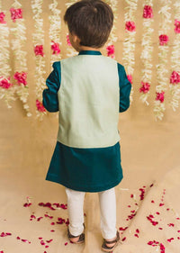 Kalki Boys Teal Kurta Set With Elephant Motifs And Green Nehru Jacket With Kantha Work By Tiber Taber