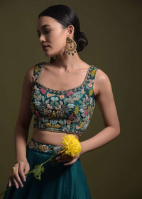 Teal Lehenga Choli In Cotton Silk With Fancy Cutout Hemline And Floral Embroidery