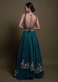 Teal Lehenga Choli In Cotton Silk With Fancy Cutout Hemline And Floral Embroidery