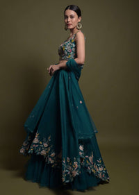 Teal Lehenga Choli In Cotton Silk With Fancy Cutout Hemline And Floral Embroidery