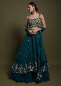 Teal Lehenga Choli In Cotton Silk With Fancy Cutout Hemline And Floral Embroidery