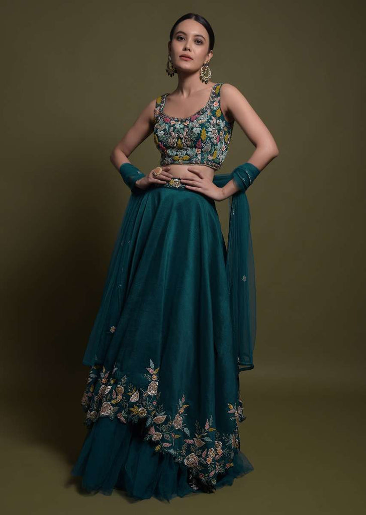 Teal Lehenga Choli In Cotton Silk With Fancy Cutout Hemline And Floral Embroidery