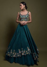 Teal Lehenga Choli In Cotton Silk With Fancy Cutout Hemline And Floral Embroidery