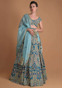 Seaside Blue Choli With Embossed Floral Embroidery In Repeat Pattern On The Kalis Online - Kalki Fashion