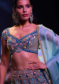 Seaside Blue Choli With Embossed Floral Embroidery In Repeat Pattern On The Kalis Online - Kalki Fashion