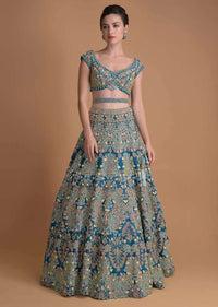 Seaside Blue Choli With Embossed Floral Embroidery In Repeat Pattern On The Kalis Online - Kalki Fashion