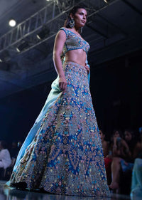 Seaside Blue Choli With Embossed Floral Embroidery In Repeat Pattern On The Kalis Online - Kalki Fashion