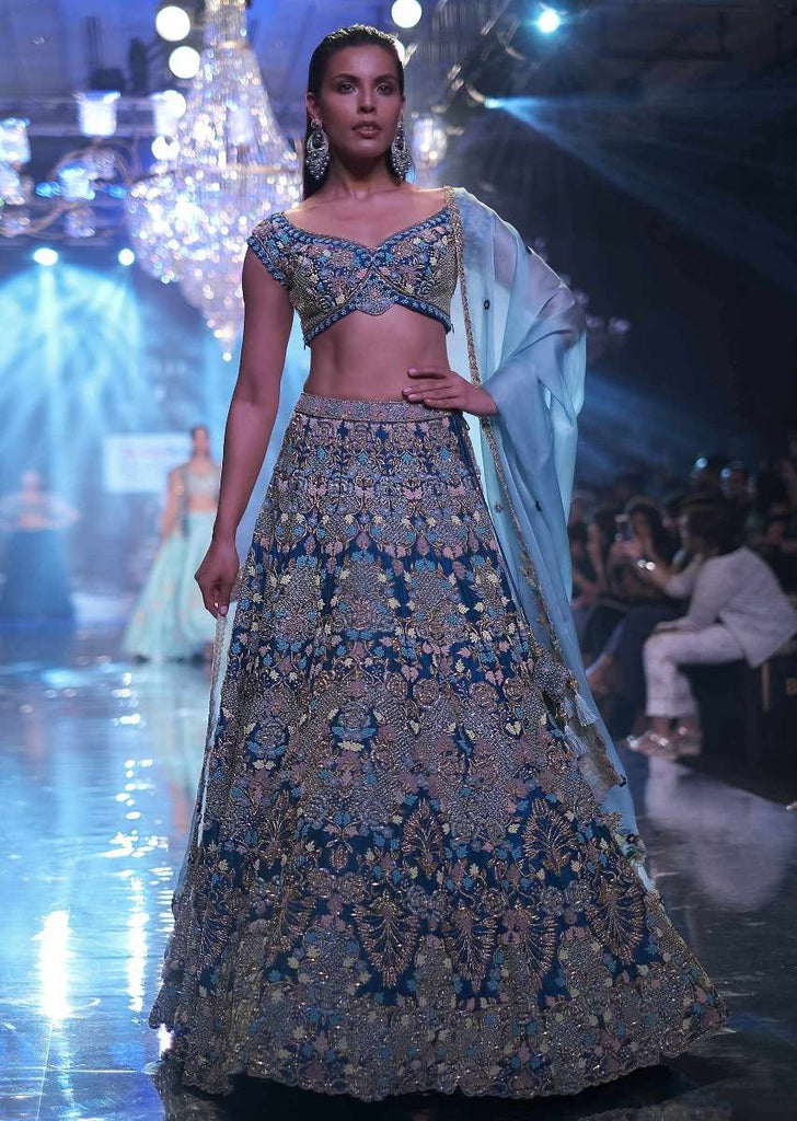Seaside Blue Choli With Embossed Floral Embroidery In Repeat Pattern On The Kalis Online - Kalki Fashion