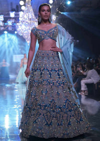 Seaside Blue Choli With Embossed Floral Embroidery In Repeat Pattern On The Kalis Online - Kalki Fashion