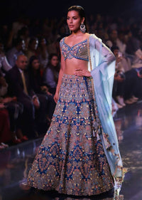 Seaside Blue Choli With Embossed Floral Embroidery In Repeat Pattern On The Kalis Online - Kalki Fashion