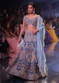 Seaside Blue Choli With Embossed Floral Embroidery In Repeat Pattern On The Kalis Online - Kalki Fashion