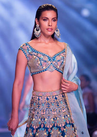 Seaside Blue Choli With Embossed Floral Embroidery In Repeat Pattern On The Kalis Online - Kalki Fashion