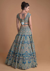 Seaside Blue Choli With Embossed Floral Embroidery In Repeat Pattern On The Kalis Online - Kalki Fashion