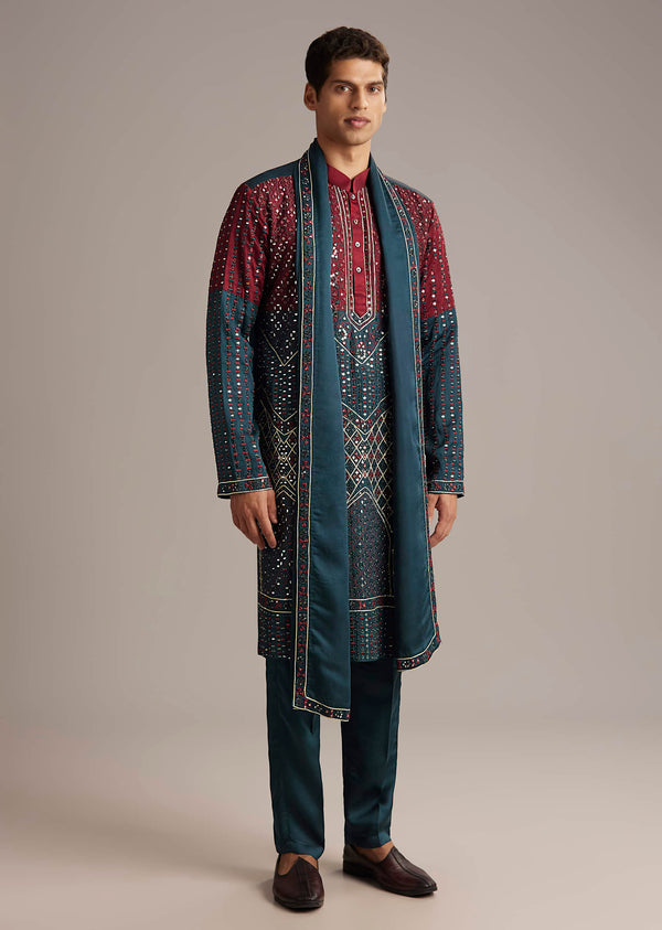Teal Linen Kurta Set For Men With Mirror Work
