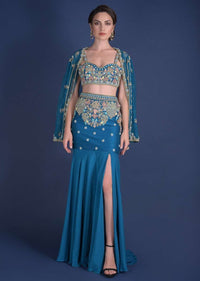 Seaside Blue Mermaid Cut Skirt And Crop Top With Embossed Embroidery And A Cape Jacket