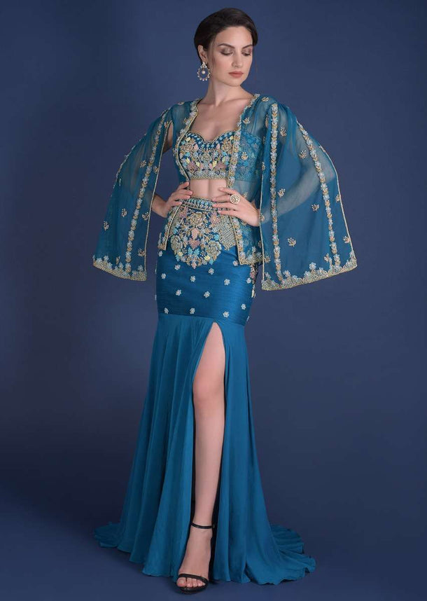 Seaside Blue Mermaid Cut Skirt And Crop Top With Embossed Embroidery And A Cape Jacket