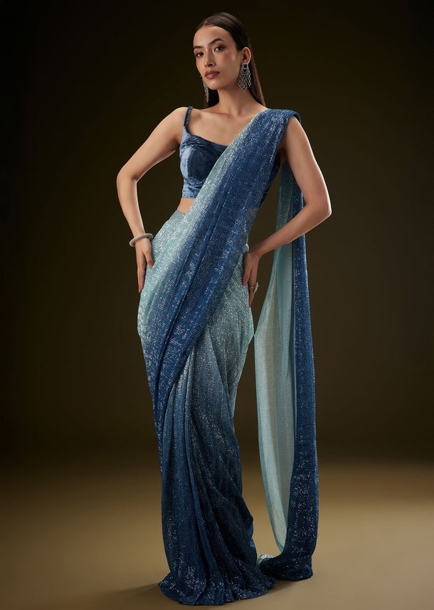 Teal Ombre Sequence Ready To Wear Saree With Velvet Blouse