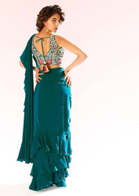 Teal Ready Pleated Ruffle Saree In Crepe With 3D Flower Embroidered Blouse And Cinched At The Waist With A Belt