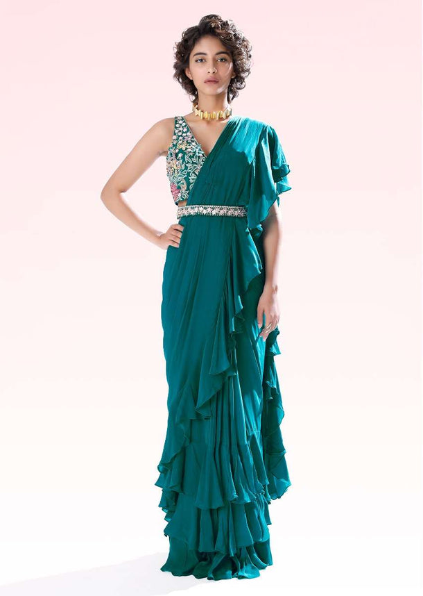 Teal Ready Pleated Ruffle Saree In Crepe With 3D Flower Embroidered Blouse And Cinched At The Waist With A Belt