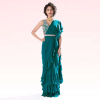 Teal Ready Pleated Ruffle Saree In Crepe With 3D Flower Embroidered Blouse And Cinched At The Waist With A Belt