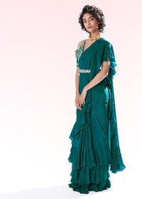 Teal Ready Pleated Ruffle Saree In Crepe With 3D Flower Embroidered Blouse And Cinched At The Waist With A Belt