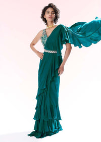 Teal Ready Pleated Ruffle Saree In Crepe With 3D Flower Embroidered Blouse And Cinched At The Waist With A Belt