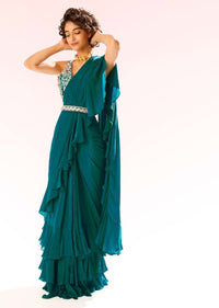 Teal Ready Pleated Ruffle Saree In Crepe With 3D Flower Embroidered Blouse And Cinched At The Waist With A Belt