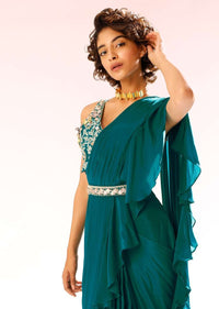 Teal Ready Pleated Ruffle Saree In Crepe With 3D Flower Embroidered Blouse And Cinched At The Waist With A Belt