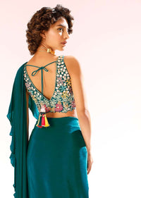 Teal Ready Pleated Ruffle Saree In Crepe With 3D Flower Embroidered Blouse And Cinched At The Waist With A Belt