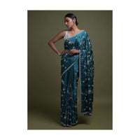 Teal Saree In Chinon With Stone Work In Floral Jaal Pattern Online - Kalki Fashion