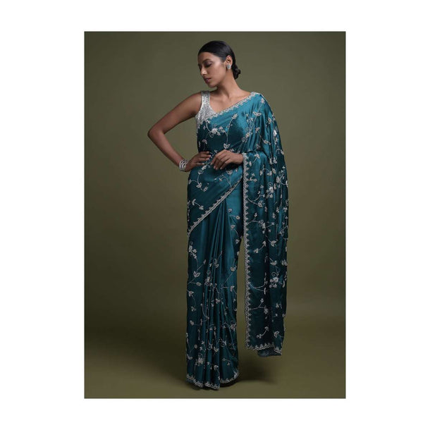 Teal Saree In Chinon With Stone Work In Floral Jaal Pattern Online - Kalki Fashion