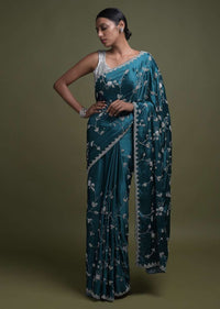 Teal Saree In Chinon With Stone Work In Floral Jaal Pattern Online - Kalki Fashion