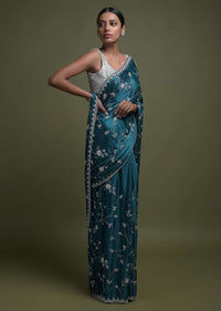 Teal Saree In Chinon With Stone Work In Floral Jaal Pattern Online - Kalki Fashion