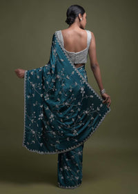 Teal Saree In Chinon With Stone Work In Floral Jaal Pattern Online - Kalki Fashion