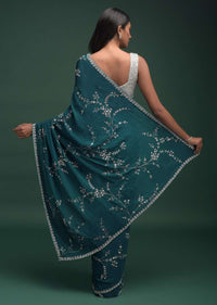 Teal Saree In Chinon With Stones, Pearls And Cut Dana Embellished Floral Jaal Online - Kalki Fashion