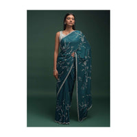 Teal Saree In Chinon With Stones, Pearls And Cut Dana Embellished Floral Jaal Online - Kalki Fashion