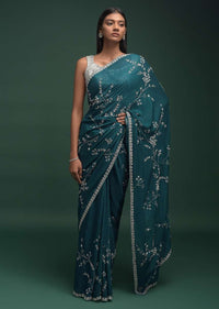 Teal Saree In Chinon With Stones, Pearls And Cut Dana Embellished Floral Jaal Online - Kalki Fashion