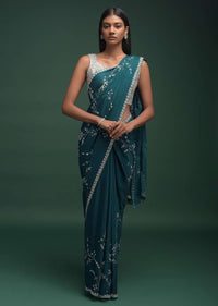 Teal Saree In Chinon With Stones, Pearls And Cut Dana Embellished Floral Jaal Online - Kalki Fashion