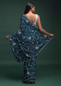 Teal Saree In Satin Blend With Stones And Zardozi Embellished Grape Vine Pattern Online - Kalki Fashion