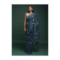 Teal Saree In Satin Blend With Stones And Zardozi Embellished Grape Vine Pattern Online - Kalki Fashion