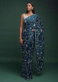 Teal Saree In Satin Blend With Stones And Zardozi Embellished Grape Vine Pattern Online - Kalki Fashion