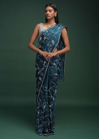 Teal Saree In Satin Blend With Stones And Zardozi Embellished Grape Vine Pattern Online - Kalki Fashion